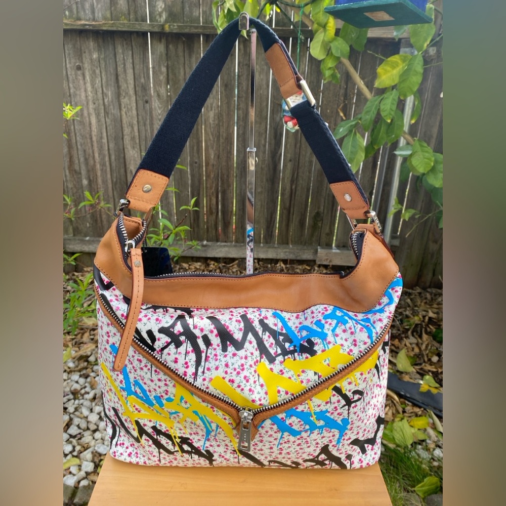 L.A.M.B Gwen Stefani Graffiti Zipper Large Leather,PVC Tote Shoulder Bag